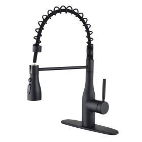 Single Handle Pull-Down Spring Neck Sprayer Kitchen Faucet with Deck Plate (Color: Matte Black)