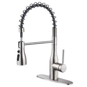 Single Handle Pull-Down Spring Neck Sprayer Kitchen Faucet with Deck Plate (Color: Brushed Nickel)