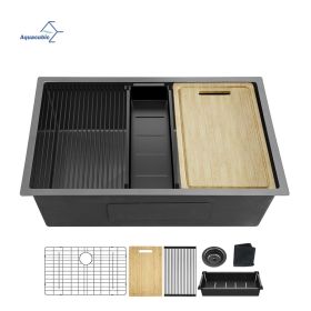 Aqucubic Handmade 304 Stainless Steel Undermount Kitchen Sink with Accessories (Color: Gunmetal Black, Thickness: 16 Gauge)