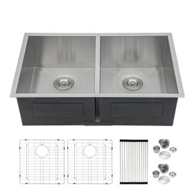 Lordear Undermount Kitchen Sink Double Bowl 18 Gauge Gunmetal Black Stainless Steel Sink (Color: Stainless steel, size: 32-5/5)