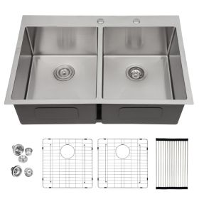 33 Inch Kitchen Sink Drop-in Topmount Sink 16 Gauge Double Bowl 50/50 Gunmetal Black Stainless Steel Sink with Strainer (Design: 33-5/5, Color: Stainless steel)