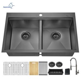 Aqucubic Gunmetal Black CUPC Handmade 304 Stainless Steel Topmount Kitchen Sink with Accessories and faucet (Color: ACS3322A2T-FW, Thickness: 18 Gauge)