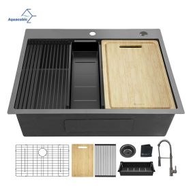 Aqucubic Gunmetal Black CUPC Handmade 304 Stainless Steel Topmount Kitchen Sink with Accessories and faucet (Color: ACS2722A1T-FW, Thickness: 18 Gauge)