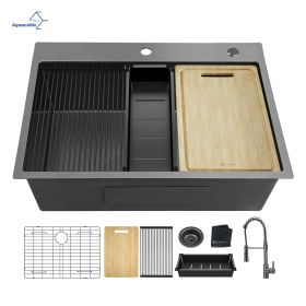 Aqucubic Gunmetal Black CUPC Handmade 304 Stainless Steel Topmount Kitchen Sink with Accessories and faucet (Color: ACS3222A1T-FW, Thickness: 18 Gauge)