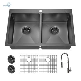 Aqucubic Gunmetal Black CUPC Handmade 304 Stainless Steel Topmount Kitchen Sink with Accessories and faucet (Color: ACS3322A2T-F, Thickness: 18 Gauge)