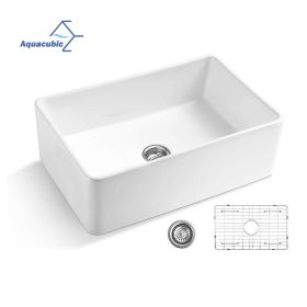 Aquacubic White Finish Reversible single bowl Ceramic Farmhouse Apron Front Kitchen Sink with Bottom Grid and Basket Strainer (size: 30" X 20" X 10")