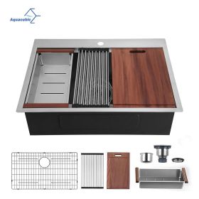 Aqucubic Gunmetal black handmade 16/18 Gauge 304 Stainless Steel Top Mount Single Bowl Kitchen Sink with ledge (Thickness: 16 Gauge, size: 33*22 inch R10)