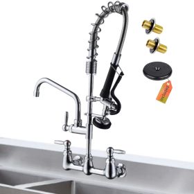 Commercial Faucet with Pre-Rinse Sprayer, 8 Inch Center Wall Mount Kitchen Faucet with Pull Down Spray (size: 25'' Height Commercial Sink Faucet)