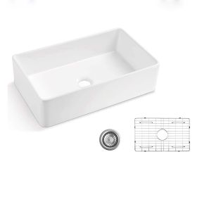 Aquacubic White Finish Reversible single bowl Ceramic Farmhouse Apron Front Kitchen Sink with Bottom Grid and Basket Strainer (size: 33" x 20"x 10")