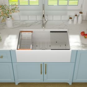 33in.x20in.x10in. Ceramic Workstation Kitchen Sink with A Cutting Board And Colander And Roll-up Drying Rack (Number of Sinks: single bow)