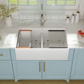 33in.x20in.x10in. Ceramic Workstation Kitchen Sink with A Cutting Board And Colander And Roll-up Drying Rack (Number of Sinks: dual bowl)