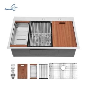 Aqucubic Gunmetal black handmade 16/18 Gauge 304 Stainless Steel Top Mount Single Bowl Kitchen Sink with ledge (Thickness: 18 Gauge, size: 28*22 inch)