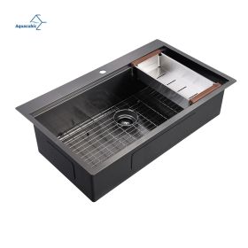 Aqucubic Gunmetal black handmade 16/18 Gauge 304 Stainless Steel Top Mount Single Bowl Kitchen Sink with ledge (Thickness: 16 Gauge, size: 36*22 inch)
