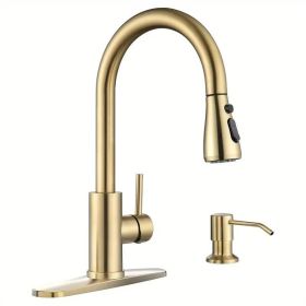Kitchen Faucets with Soap Dispenser, Solid Stainless Steel Kitchen Faucet with Pull Down Sprayer 3 Modes, Modern Kitchen Sink Faucets with Spraye (Color: Brushed Gold)